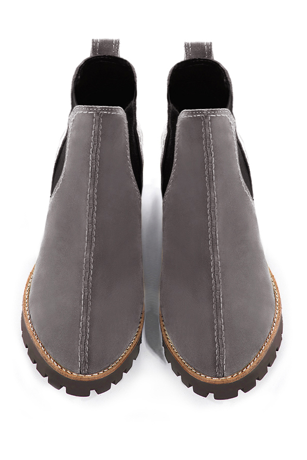 Women's pebble grey and dark brown elegant Chelsea ankle boots, with side elastics. Round toe. Thick rubber soles - Top view